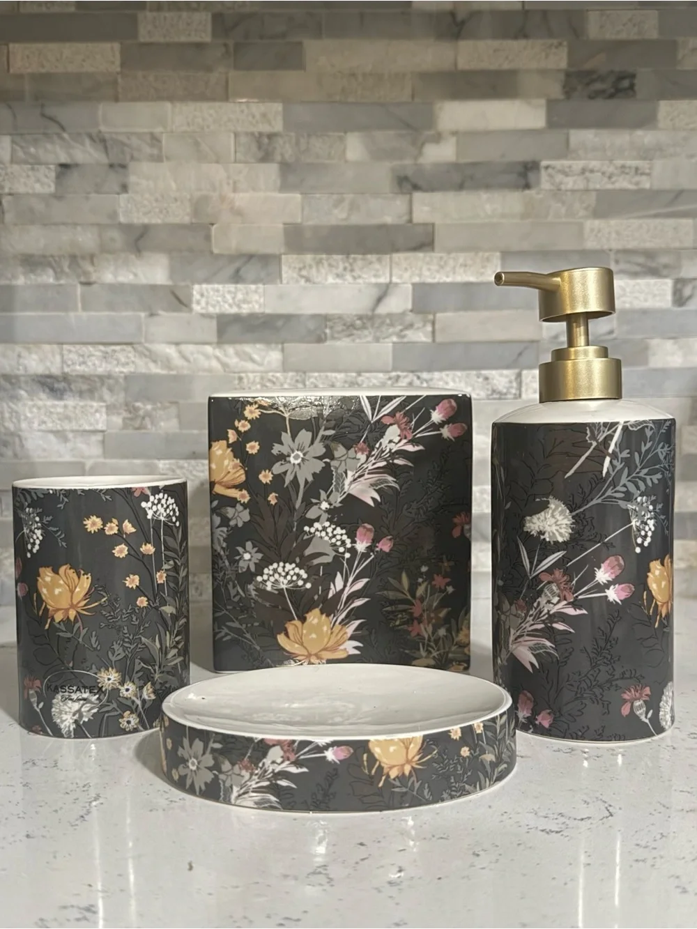 Floral Ceramic Bath Accessory Set in Charcoal - Brand: Kassatex
